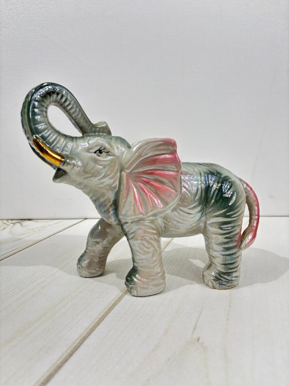 Elephant Statue Boho 8" Ceramic Iridescent Grey Pink White Gold Glossy Nursery